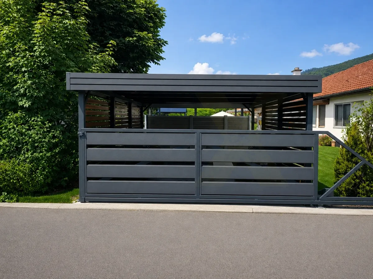 Schiebetor oder Flügeltor im Einfahrtsbereich des Stahlcarports