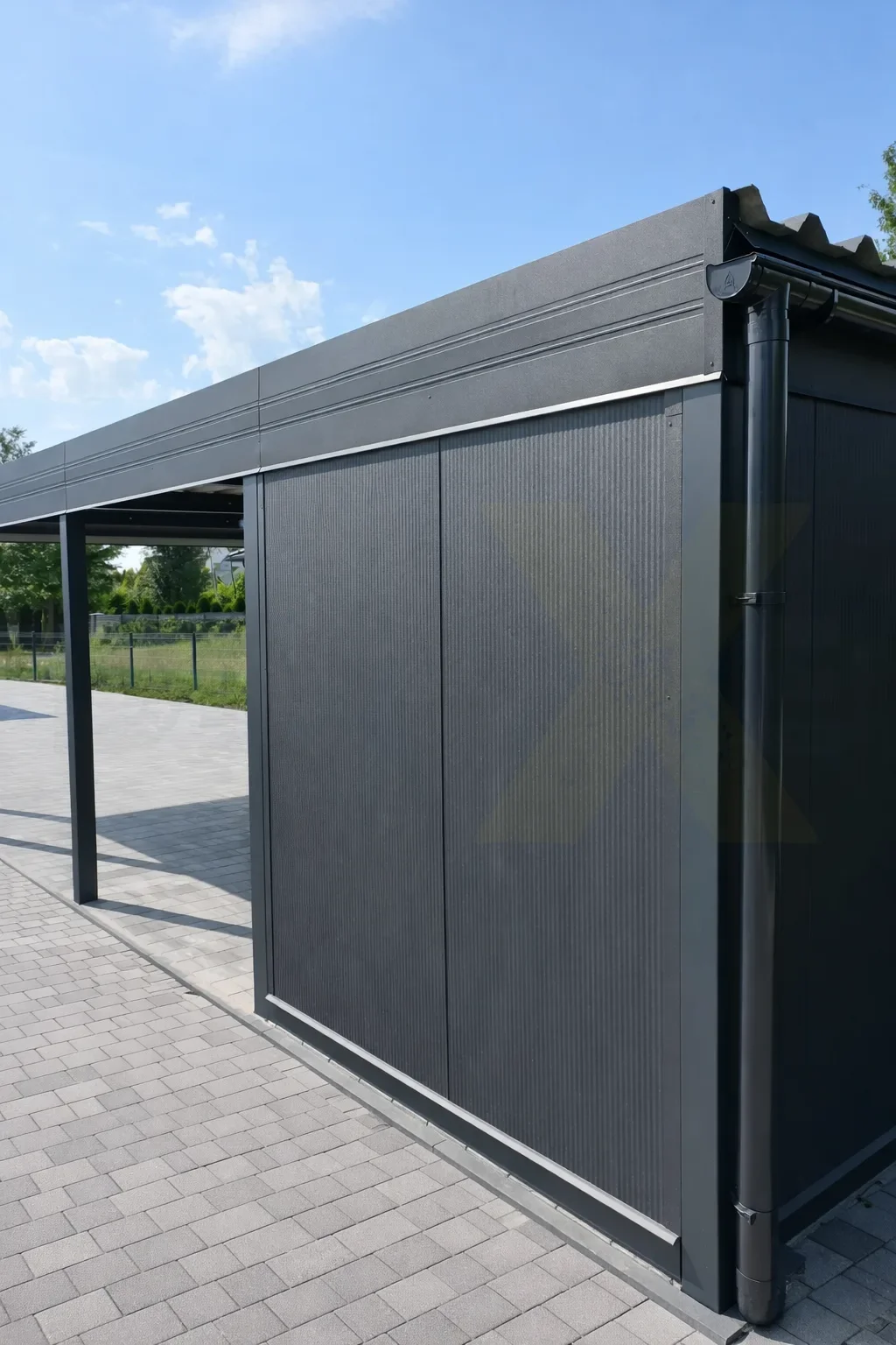 Geräteraum am Stahlcarport mit Verkleidung aus Sandwichplatten