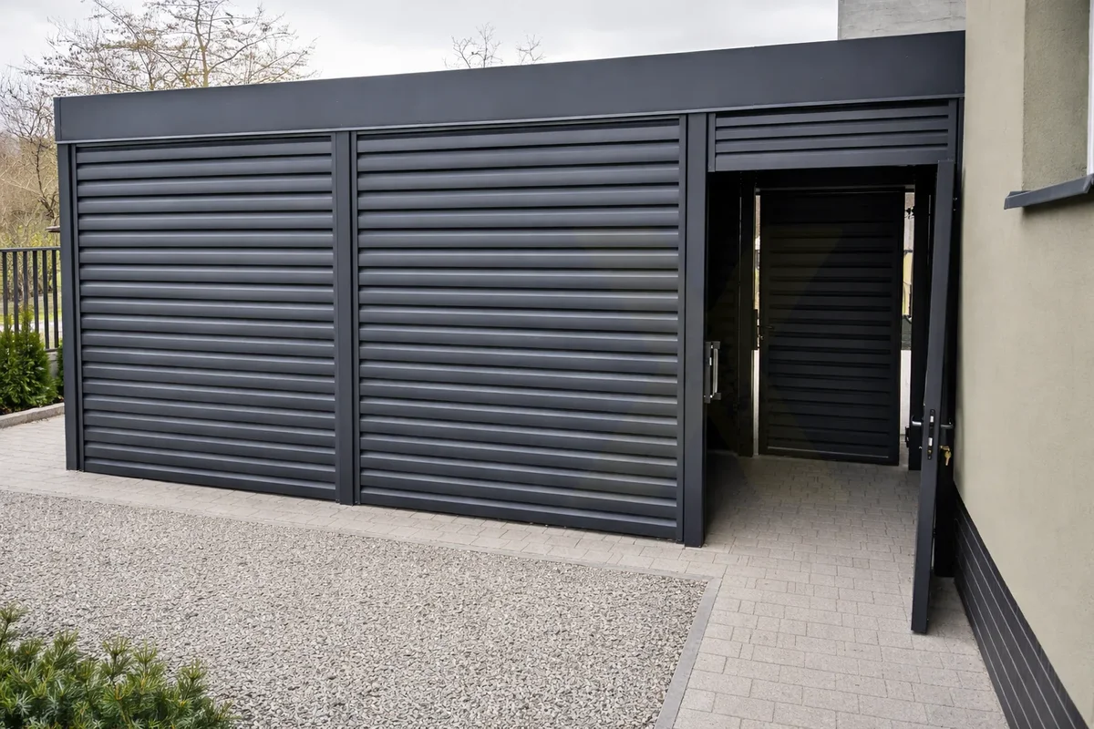 Geräteraum am Stahlcarport mit Tür, Flügeltor oder Schiebetür