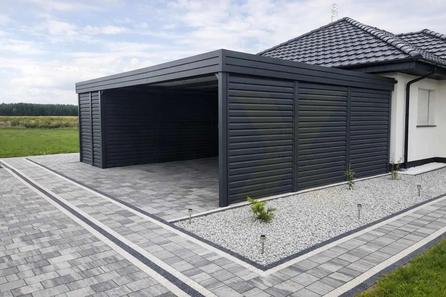 Carport aus Stahl in Anthrazit mit integriertem Geräteraum – DeluxeCarport Premium-Bausatz