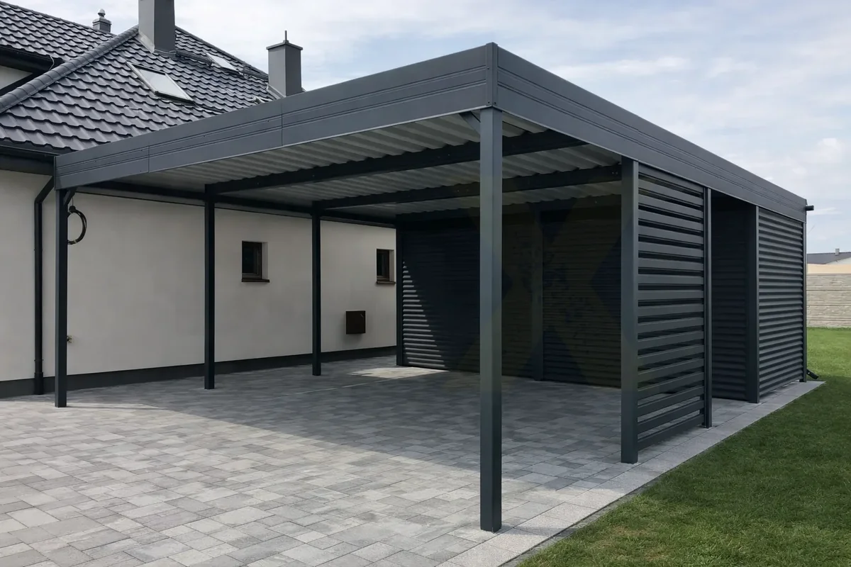 Carport mit Geräteraum aus Stahl – offener Stellplatz und verkleideter Stauraum