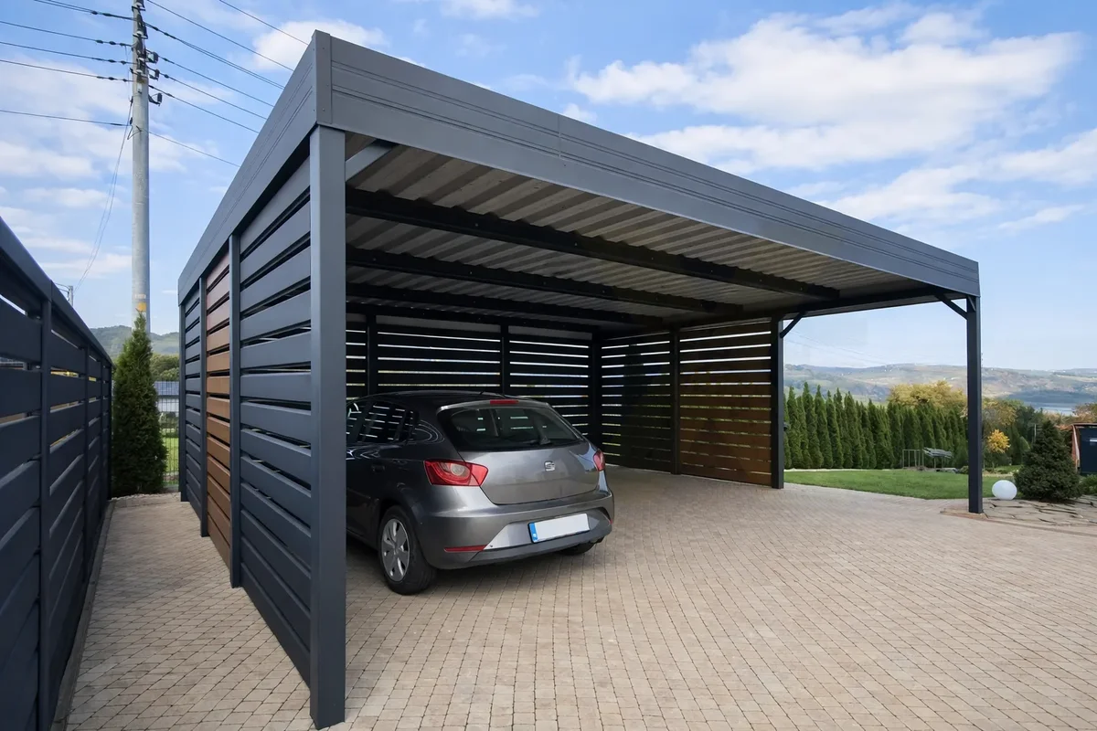 Carport aus Stahl mit Sichtschutz und Durchgangstür