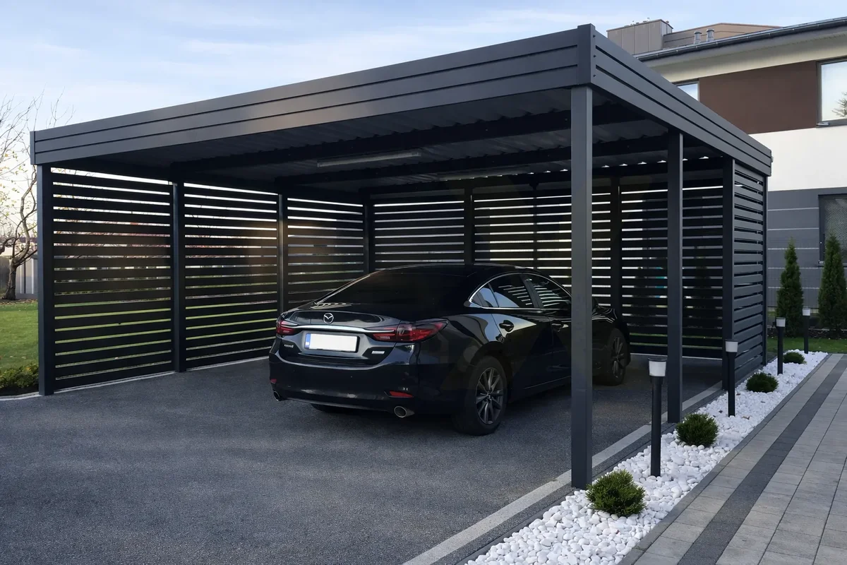 Carport aus Stahl mit Lamellen-Sichtschutz und blickdichter Variante