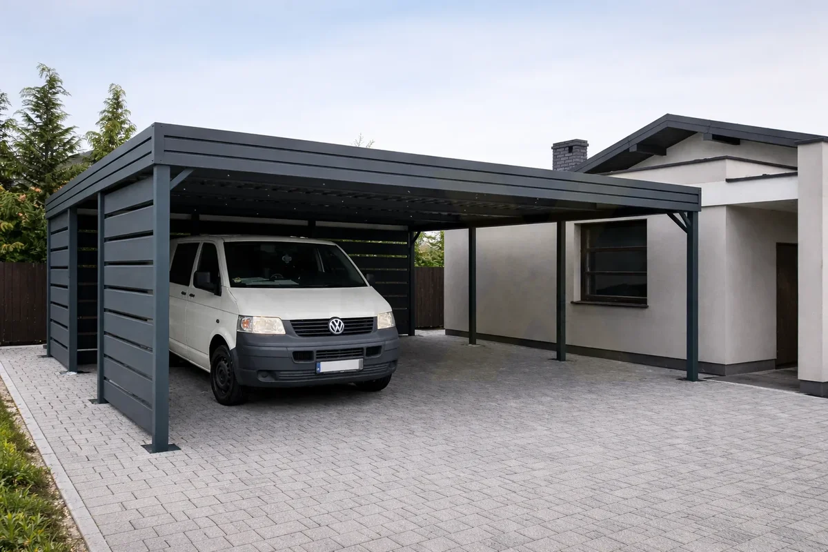 Carport mit Sichtschutz aus Stahl – realer Größeneindruck