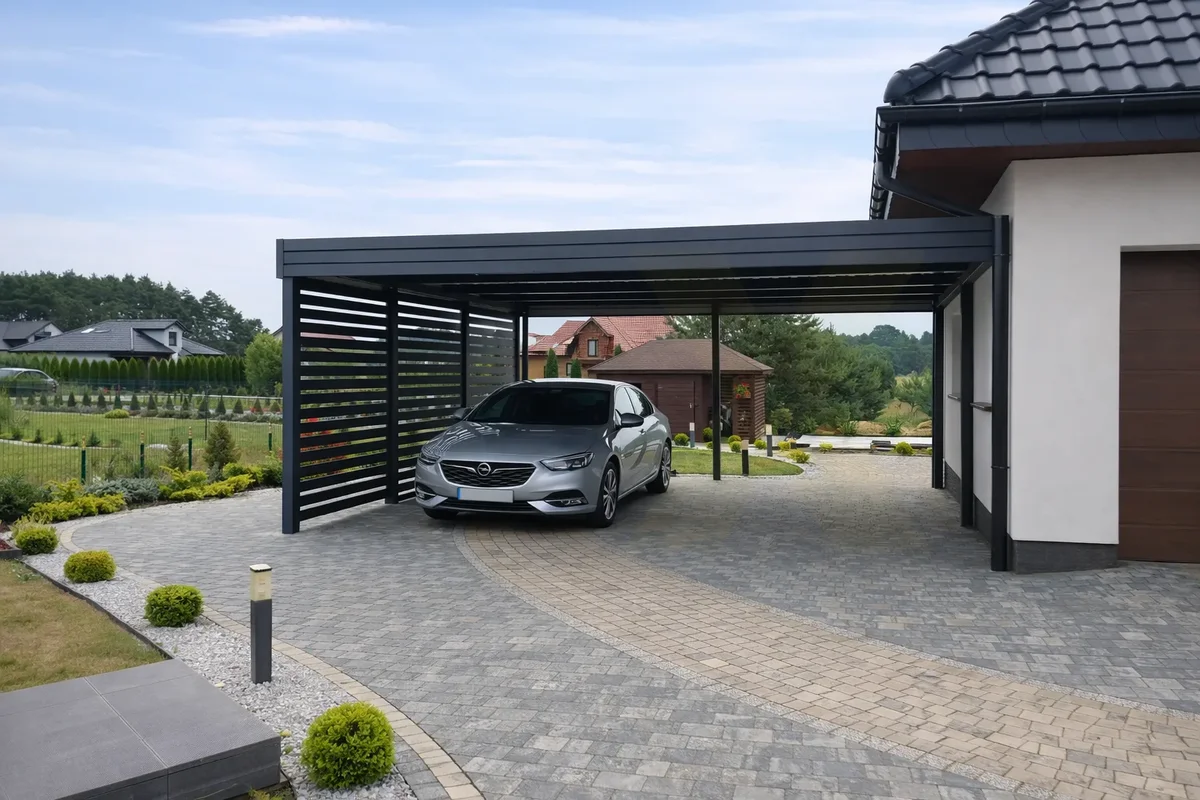 Carport mit Sichtschutz aus Stahl in Standardfarbe und Holzoptik