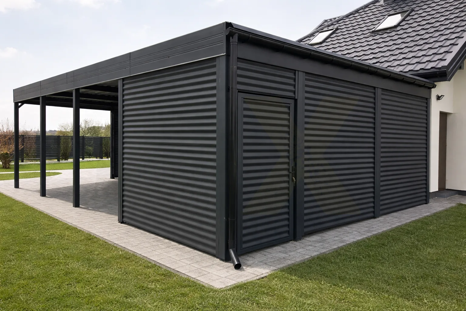 Doppelcarport aus Stahl mit Sandwichpaneelen und integriertem Geräteraum in Anthrazit – DeluxeCarport Premium-Variante
