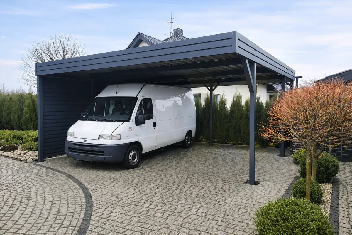 Doppelcarport aus Stahl in Anthrazit – Seitenansicht