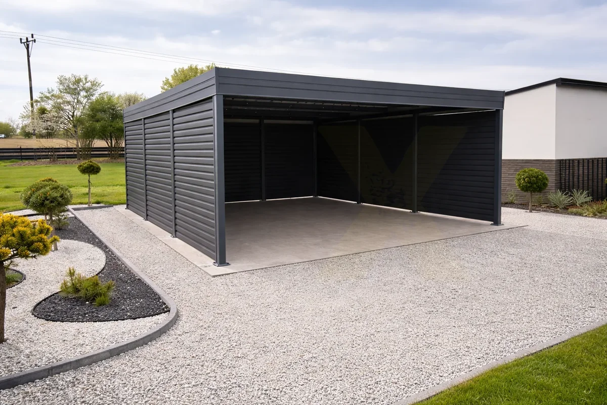 Doppelcarport aus Stahl in Anthrazit – Ansicht mit Hausanschluss