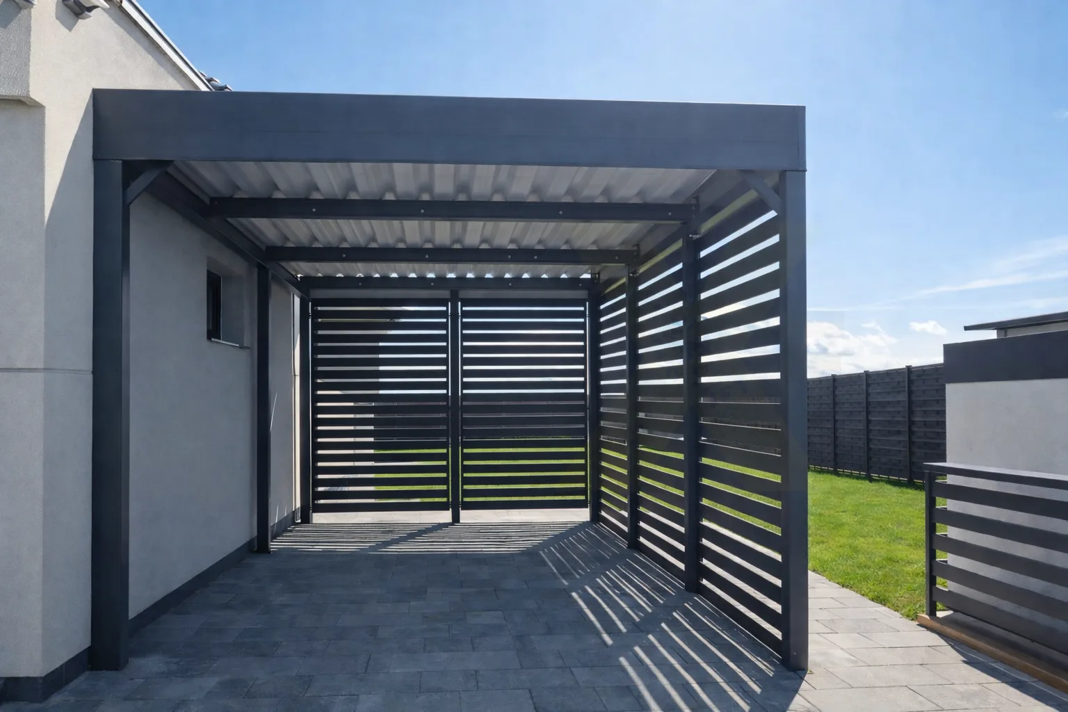 Stahl-Einzelcarport in Anthrazit mit Trapezblechdach an einem Einfamilienhaus