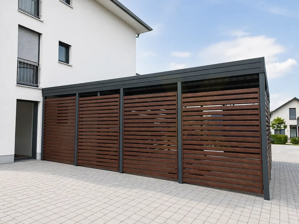 Reihencarport aus Stahl mit mehreren Stellplätzen nach Maß