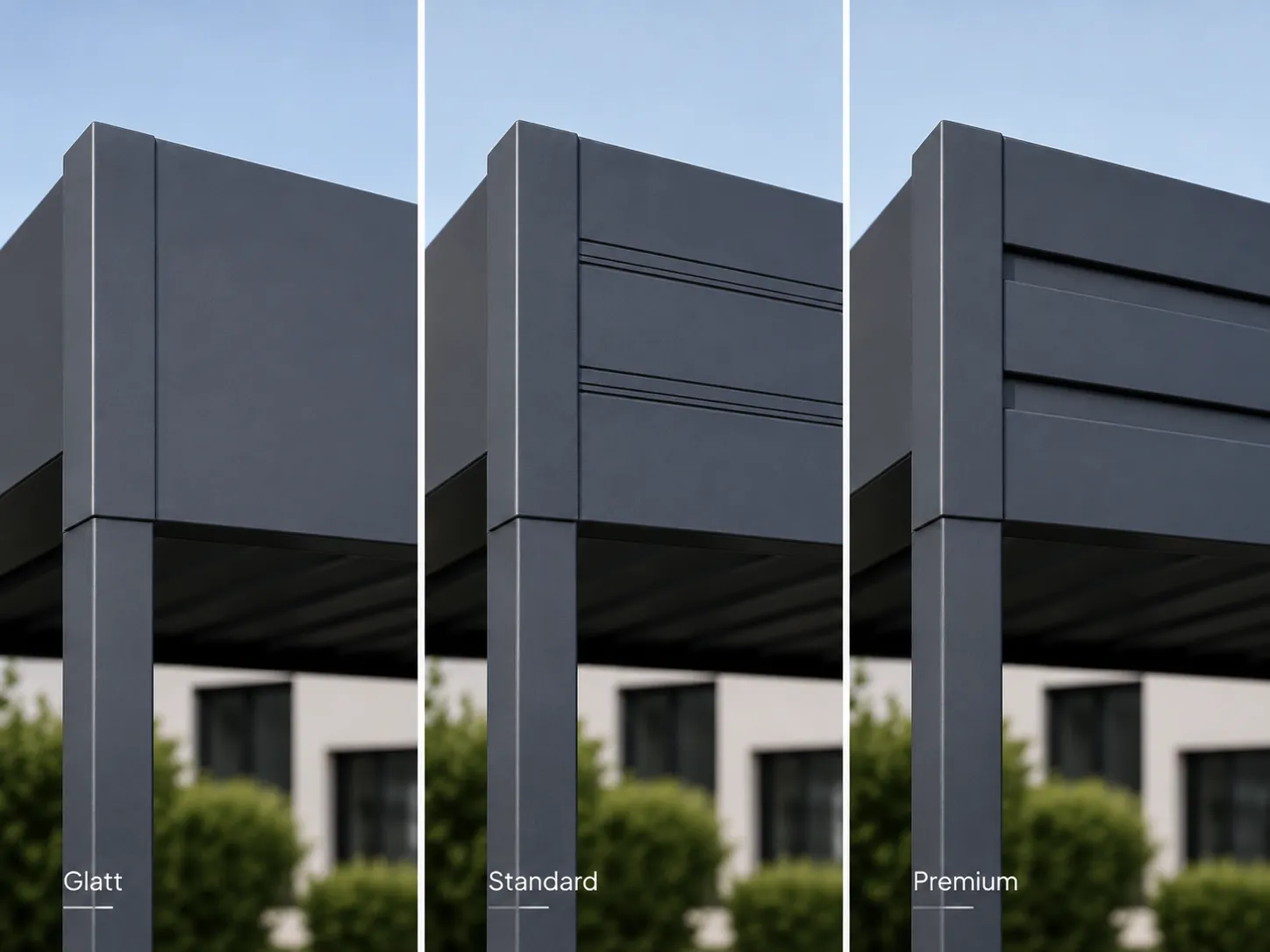 Drei Blenden-Typen des Stahlcarports: glatt, mit Ziernaht und mit gekanteten Nuten