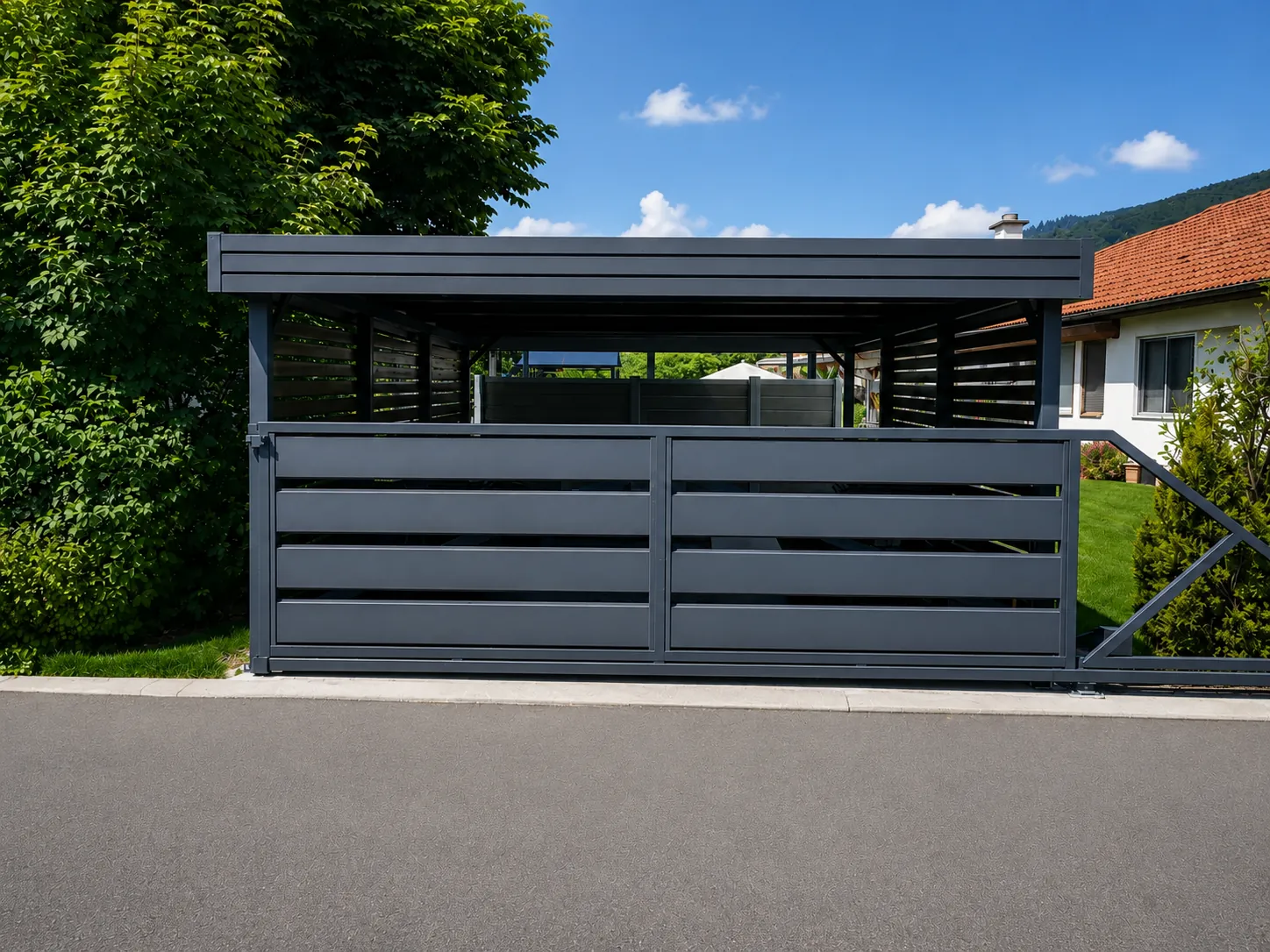 Doppelcarport aus Stahl mit Schiebetor im Einfahrtsbereich