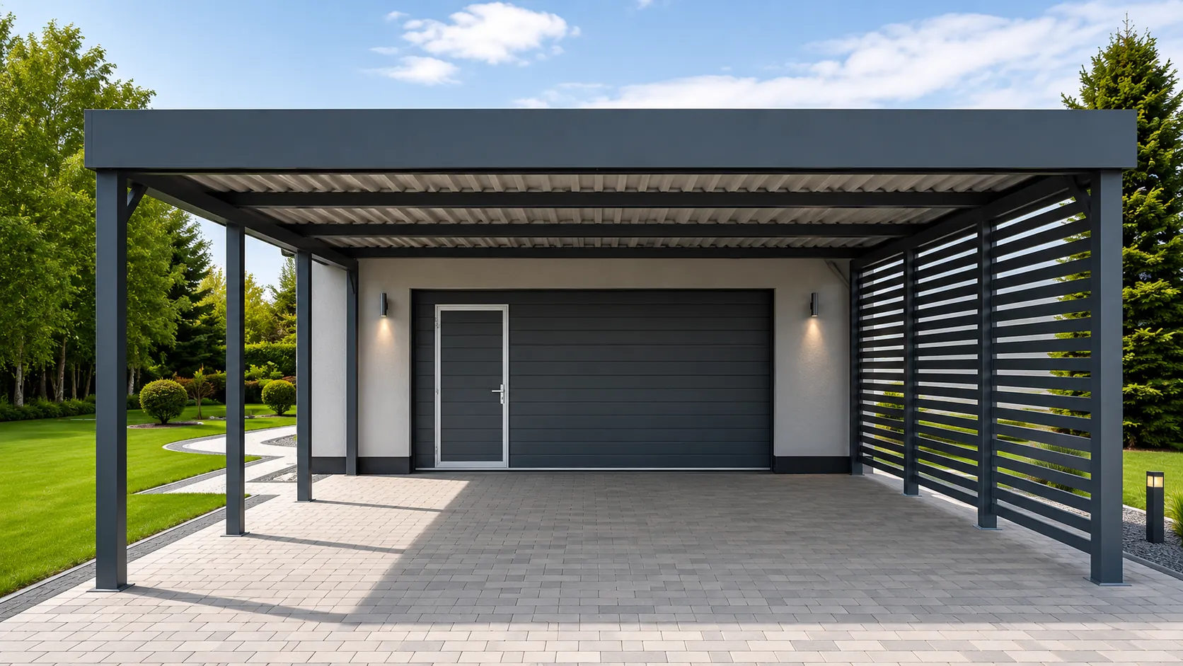 Stahl-Doppelcarport in Anthrazit mit durchgehender Dachfläche in 3/4-Ansicht