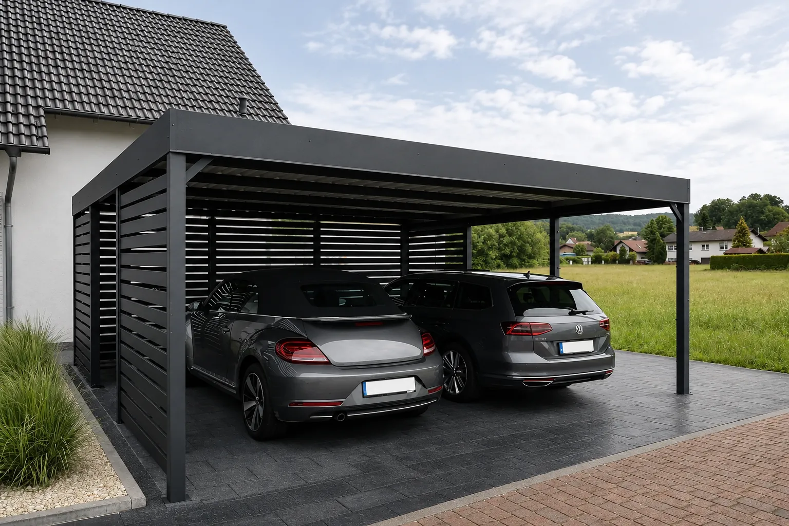 Zwei Pkw nebeneinander unter einem Stahl-Doppelcarport in Anthrazit – realer Größeneindruck