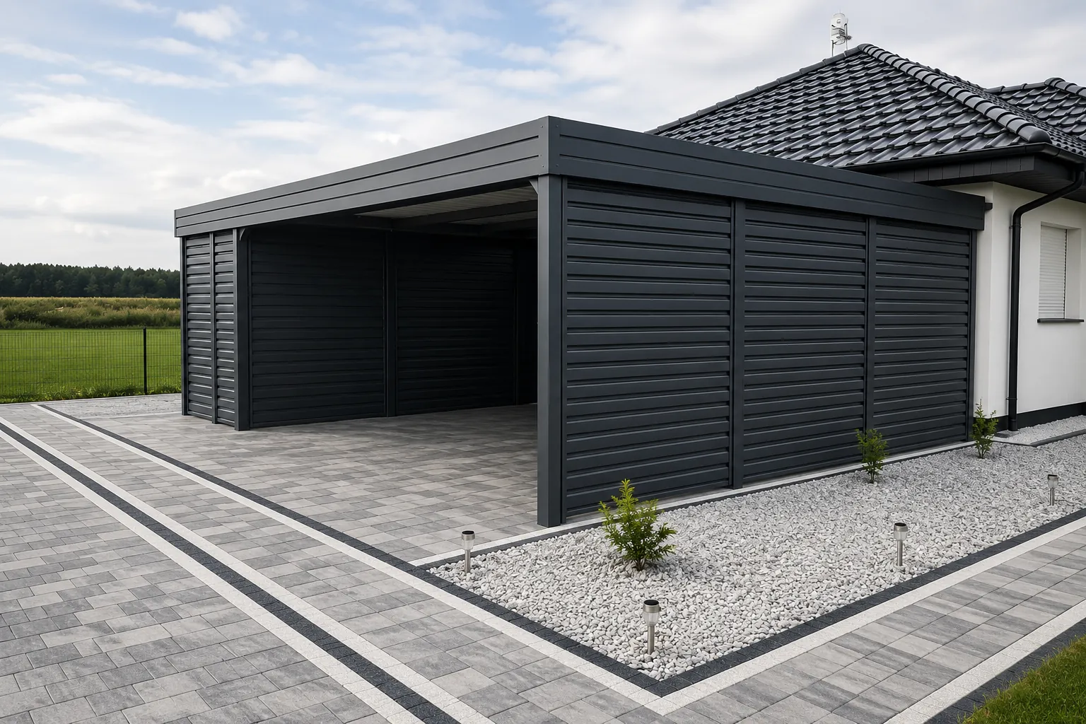 Doppelcarport aus Stahl in Anthrazit mit integriertem Geräteraum