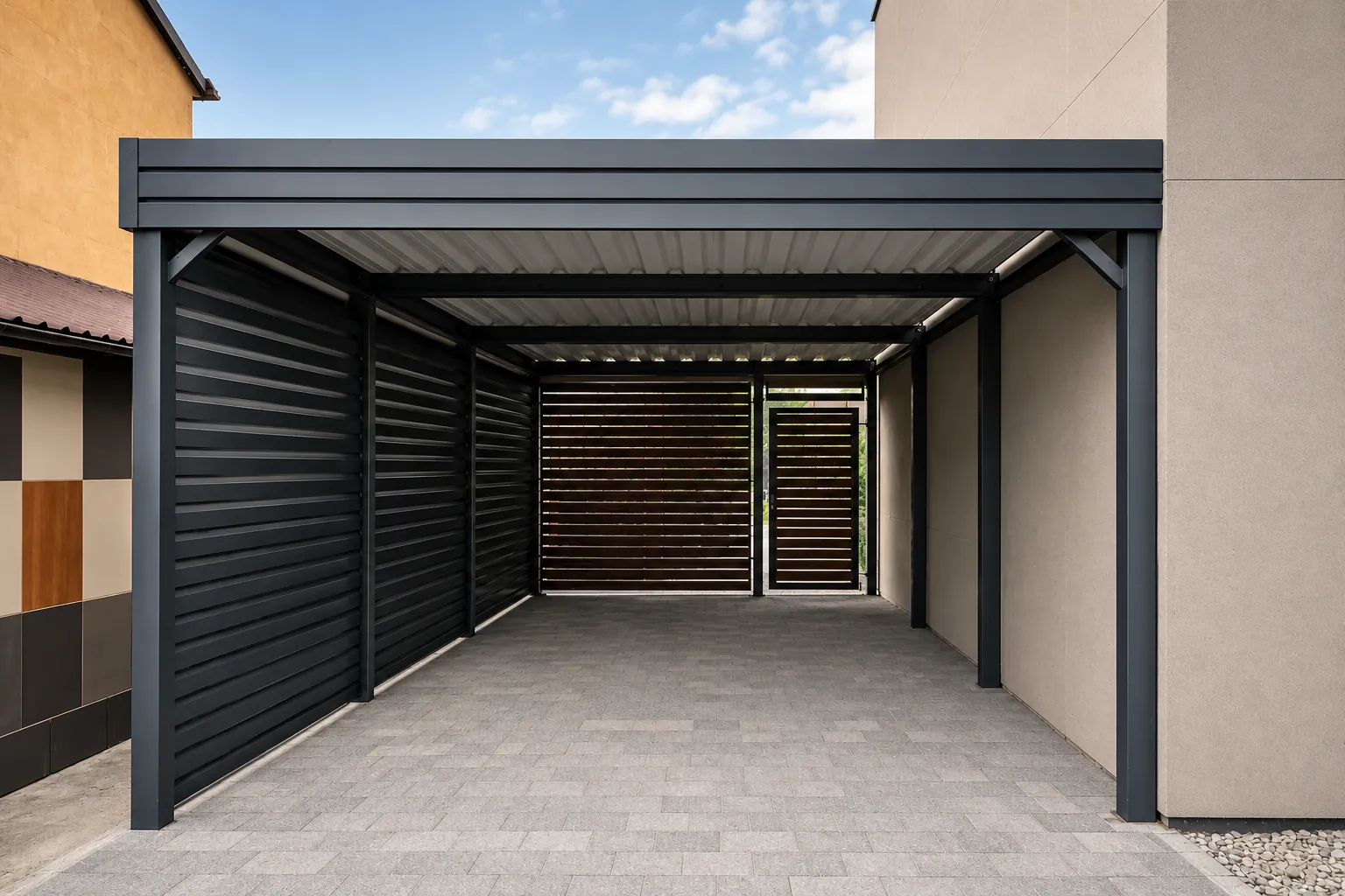 Einzelcarport aus Stahl in Anthrazit (RAL 7016) freistehend vor einem Einfamilienhaus