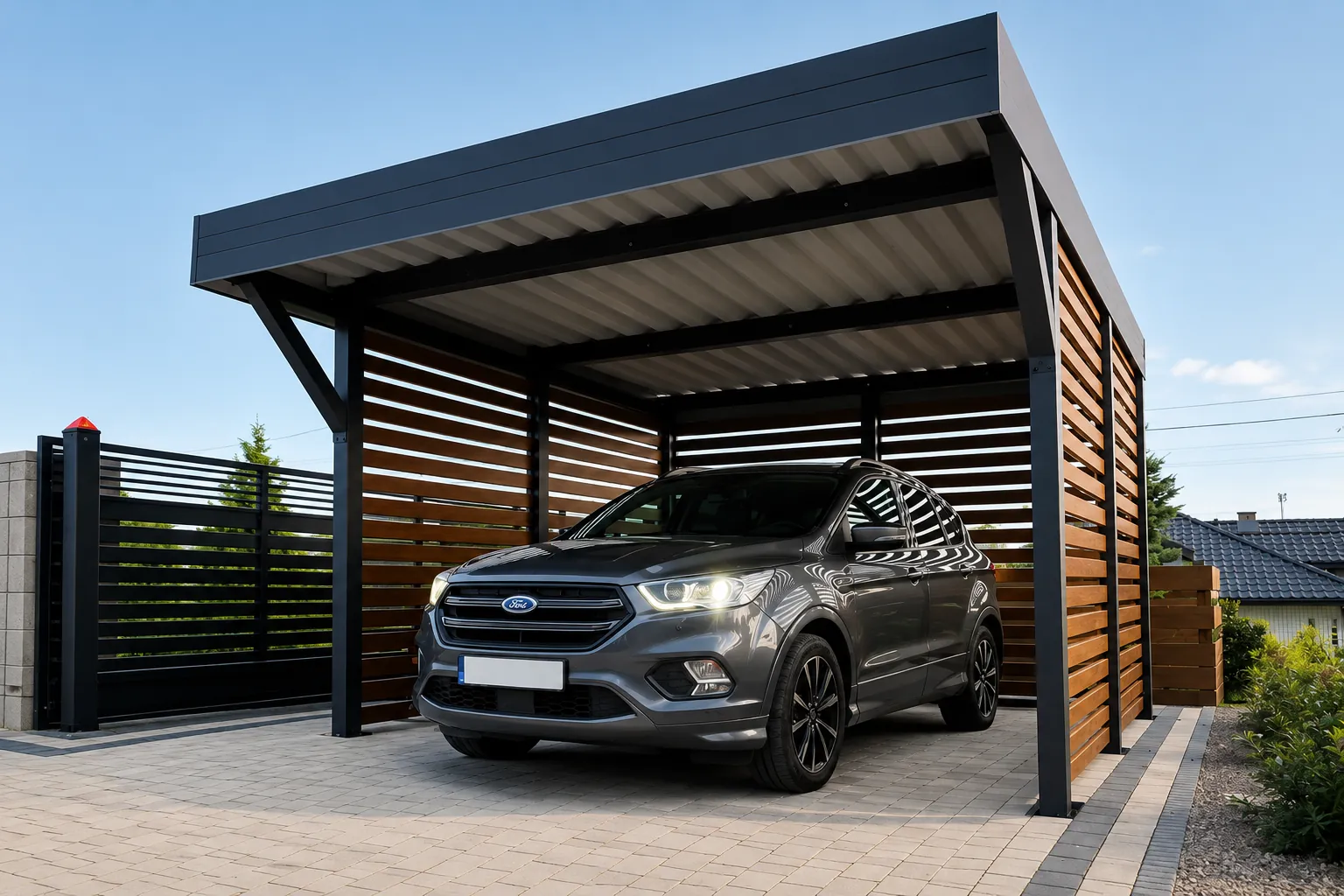 Einzelcarport aus Stahl mit seitlichem Sichtschutz