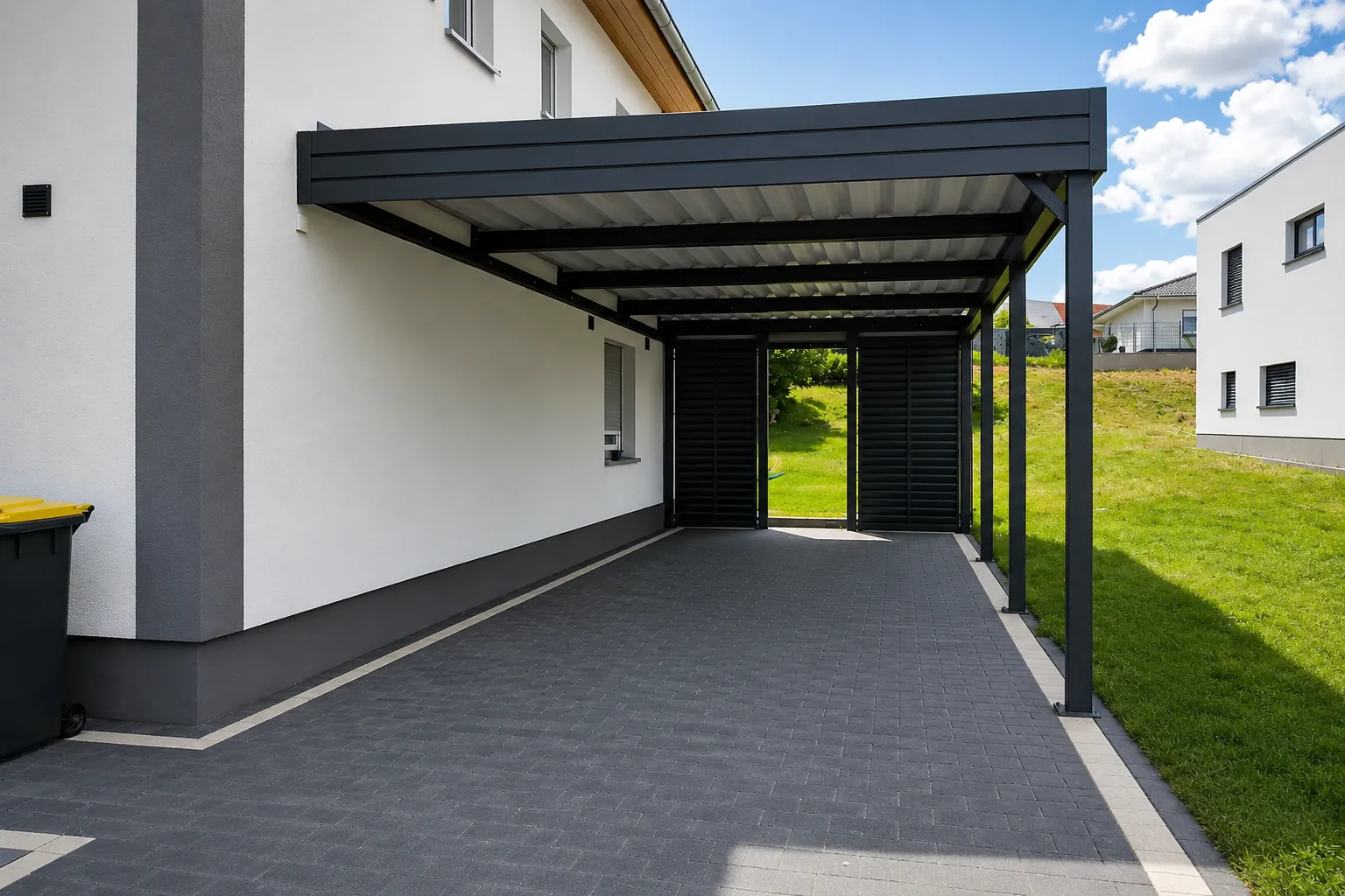 Pkw unter einem Stahl-Einzelcarport in Anthrazit – realer Größeneindruck